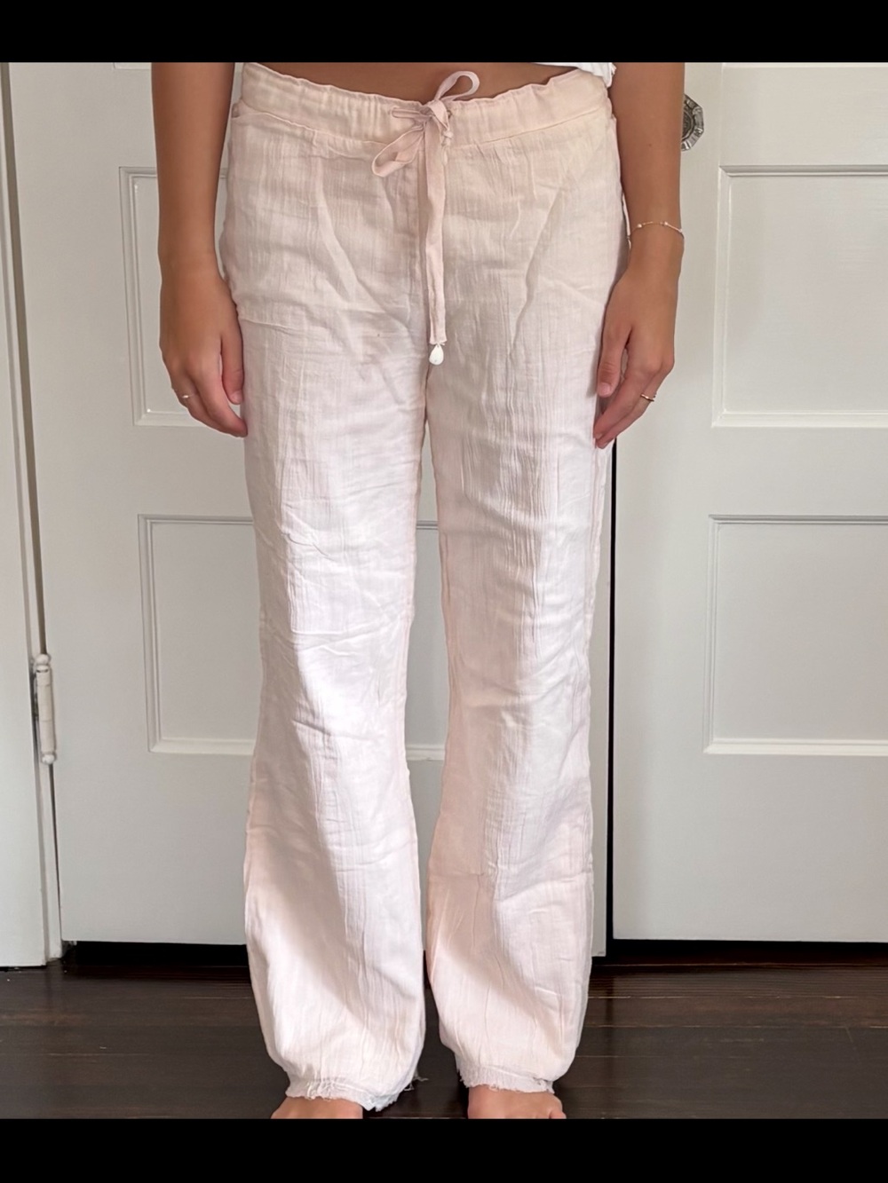 Light Pink cotton crinkle -Blend Drawstring Pants